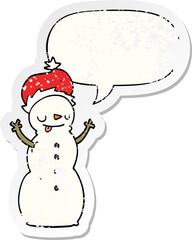 cartoon christmas snowman with speech bubble distressed distressed old sticker