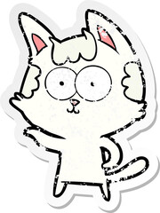 distressed sticker of a happy cartoon cat