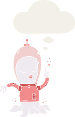 cute cartoon alien with thought bubble in retro style