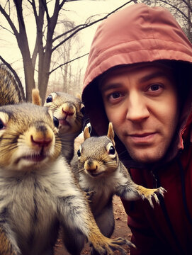 Eine putzige Gruppe von Eichh&ouml;rnchen machen mit einem Mann ein Selfie Foto im Wald, ai generativ
