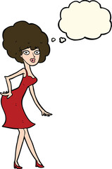 cartoon woman posing in dress with thought bubble