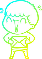 cold gradient line drawing of a laughing cartoon man with letter