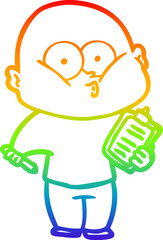 rainbow gradient line drawing of a cartoon bald man staring