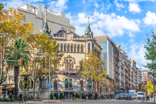 Barcelona, Spain - November 26,2021: View from Avinguda Diagonal towards Casa Perez Samanillo by Joan Josep Hervas i Arizmendi in Barcelona. Autumn cityscape of the road near the Circulo Ecuestre club