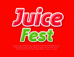 Vector colorful poster Juice Fest. Glossy Red Font. Modern Creative Alphabet Letters and Numbers set