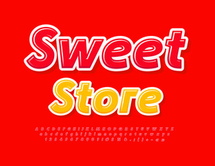 Vector advertising banner Sweet Store. Red glossy Font. Creative Alphabet Letters and Numbers.