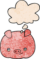 cartoon happy pig with thought bubble in grunge texture style