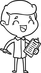 cartoon laughing man with clip board