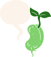 cartoon sprouting bean with speech bubble in retro style