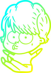 cold gradient line drawing of a cartoon woman