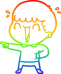 rainbow gradient line drawing of a laughing cartoon man pointing finger