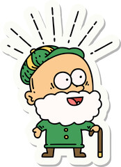 sticker of a tattoo style happy old man with walking stick