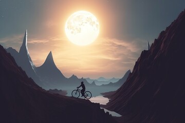 illustration, cyclist crossing a cliff, with sunlight, ai generative