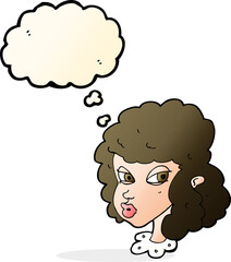 cartoon suspicious woman with thought bubble