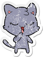 distressed sticker of a happy cartoon cat