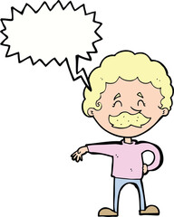 cartoon man making camp gesture with speech bubble