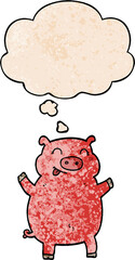 cartoon pig with thought bubble in grunge texture style