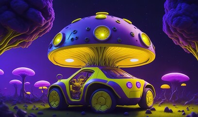 Yellow robot car surrounded by mushrooms. Moonlight background. Generative A.I