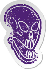 distressed old cartoon sticker of a skull head