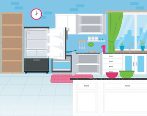 Design of Colorful Kitchen with open doors and drawers in home vector