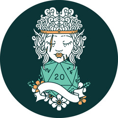 icon of elf barbarian character face with natural twenty dice roll