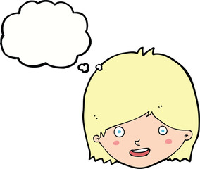 cartoon happy female face with thought bubble