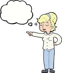 cartoon friendly woman pointing with thought bubble