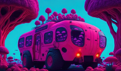 Pink robot bus in the night surrounded by mushrooms. Generative A.I