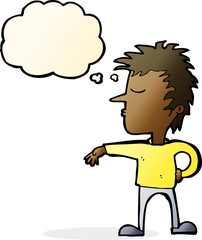 cartoon man making camp gesture with thought bubble