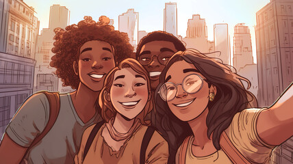 Generative AI of an illustrtion of  a happy group of friends taking a selfie on their student trip in US