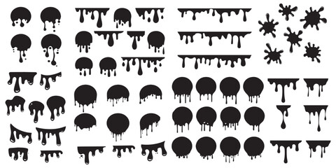 Black dripping ink. Isolated spots of paint, floating oil blots vector set. Blob paint, ink splatter black, stain and drip illustration. Vector Illustration. Vector Graphic. EPS 10