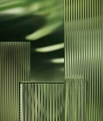 Minimal style mockup for product presentation. Ribbed glass podium on green garden background. 3d rendering illustration. Clipping path of each element included.