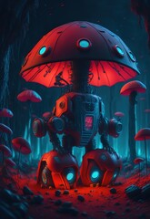 Red little robot in the forest. Surrounded by mushrooms. Moonlight landscape. Generative A.I