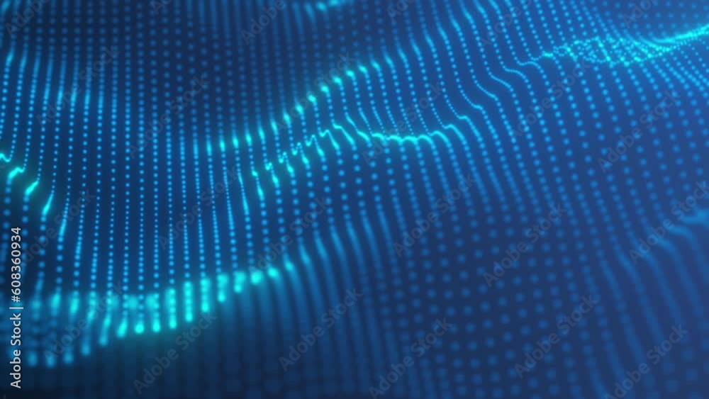 Poster Digital dynamic cyber shining abstract neon wave. Abstract futuristic blue background with dots and lines. Big data visualization. 3d animation wave seamless loop