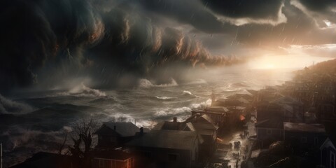 A tsunami hit a seaside town. Apocalyptic dramatic background, giant tsunami waves, dark stormy sky. Generative AI