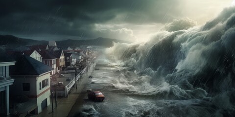 A tsunami hit a seaside town. Apocalyptic dramatic background, giant tsunami waves, dark stormy sky. Generative AI