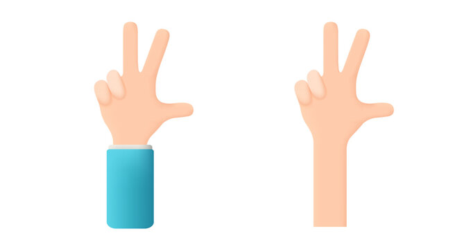 Hand gesture number three. Counting on fingers. The thumb, index and middle fingers are unclenched. Hand in 3D cartoon style isolated on white background. 3d vector illustration