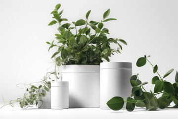 Mock-up of different white cosmetic bottles and containers for creams and grooming cosmetics isolated on grey. Green plants, natural eco cosmetics template. Generative AI professional photo imitation.