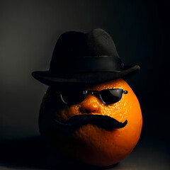 A orange head with mustache, sunglasses and a hat