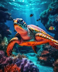 Fototapeta na wymiar A colorful turtle swims underwater beautifully. (Generative AI)