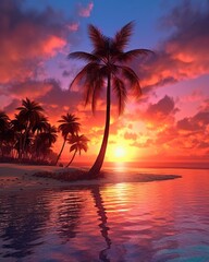 Fototapeta na wymiar AI-generated tropical beach sunset with palm tree. (Generative AI)