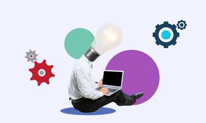 Creative collage image of smart person with lamp on head