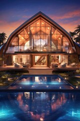 Obraz na płótnie Canvas A digitally-illustrated luxurious home with contemporary pool villa design. (Generative AI)