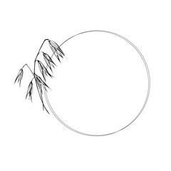 Oats frame wreath of ears. Cereal harvest, agriculture, organic farming  healthy food symbol. Ears of oats are hand drawn. Design element for logo, print, packaging. Isolated white background. 