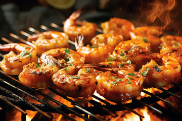 Grilled shrimps on the flaming grill, created with Generative AI Technology
