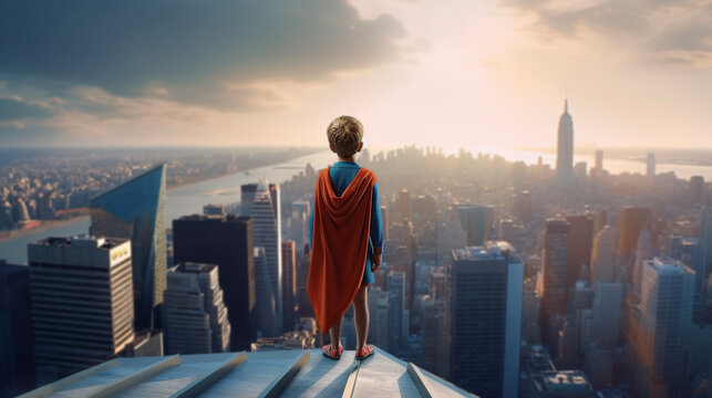 Rear view of young boy on top of skycraper dreaming of becoming a superhero. Generative AI.