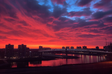 beautiful sunset in the big industrial city