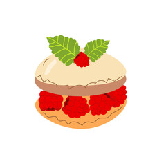 Cute raspberry dessert vector illustration. Sweet dish garnished with mint. Glamor card, menu birthday invitation