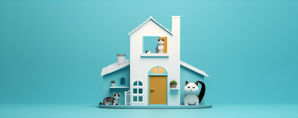 cats are sitting in a turquoise vip house. animal hotel. turquoise background. banner.AI generated Generative AI