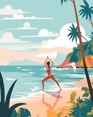 Fototapeta na wymiar At the seashore, a woman practices yoga. (Illustration, Generative AI)